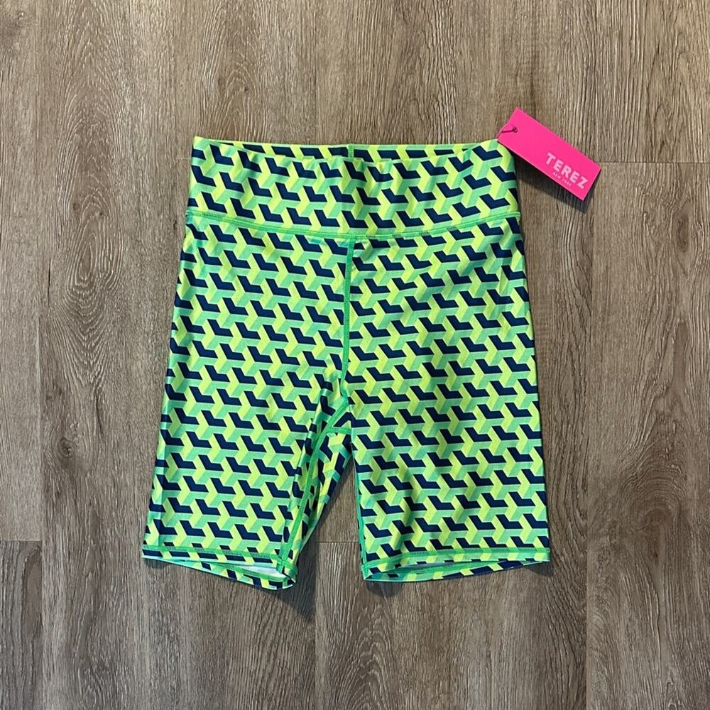 NWT Terez Fairway Geo Hi-Shine Bike Shorts Neon Green & Blue Medium High Rise